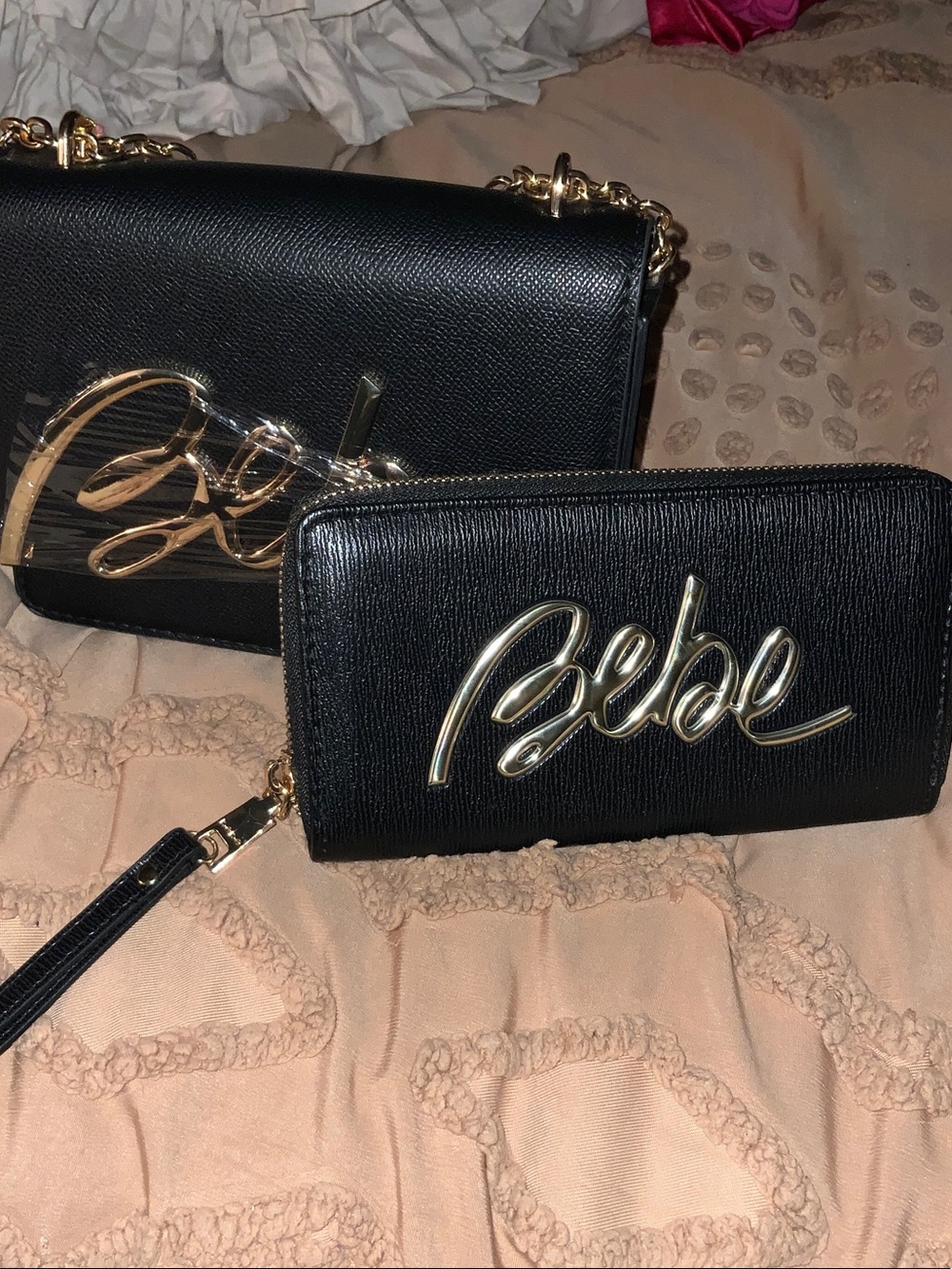 bebe Black Wristlet Clutch with Gold Script Logo